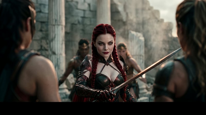 Fierce red-braided female warrior in dark armor holds a sword during a tense standoff in ancient ...