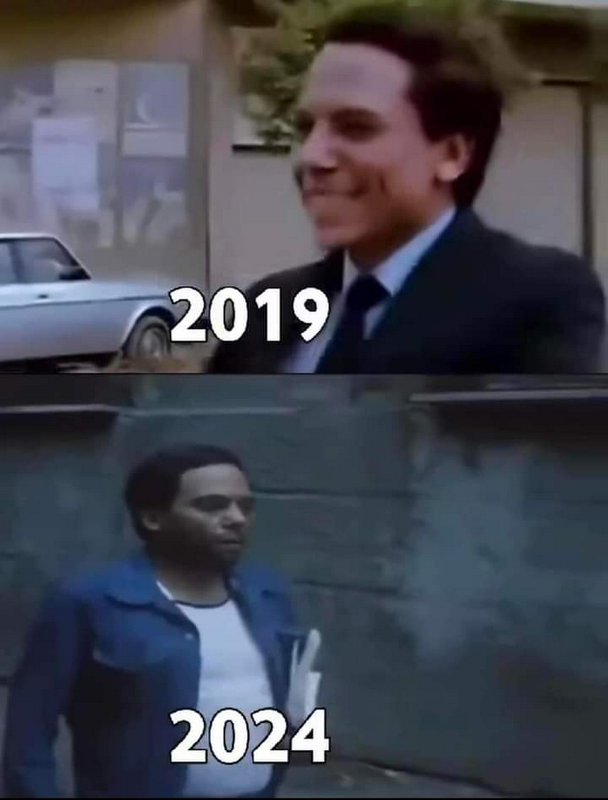 Vertical two panel comparison meme: smiling suited man labeled 2019 above glum casual man labeled...