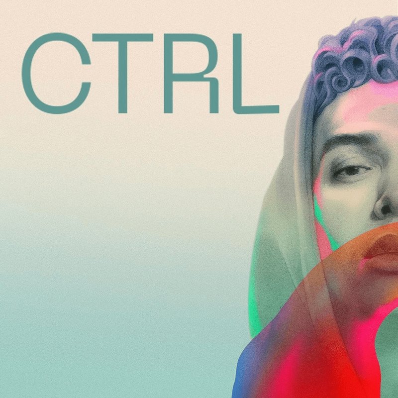 Glitch art CTRL album cover, partial cropped portrait of a curly haired person on a soft beige to...