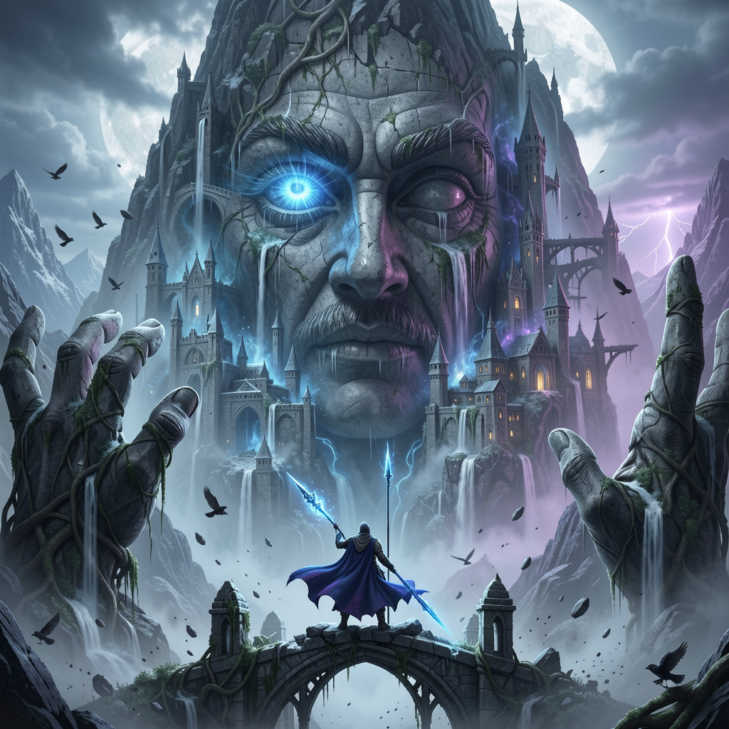 Hooded fantasy warrior on a stone bridge faces a giant stone mountain god with built-in castles, glowing eyes, stormy full...