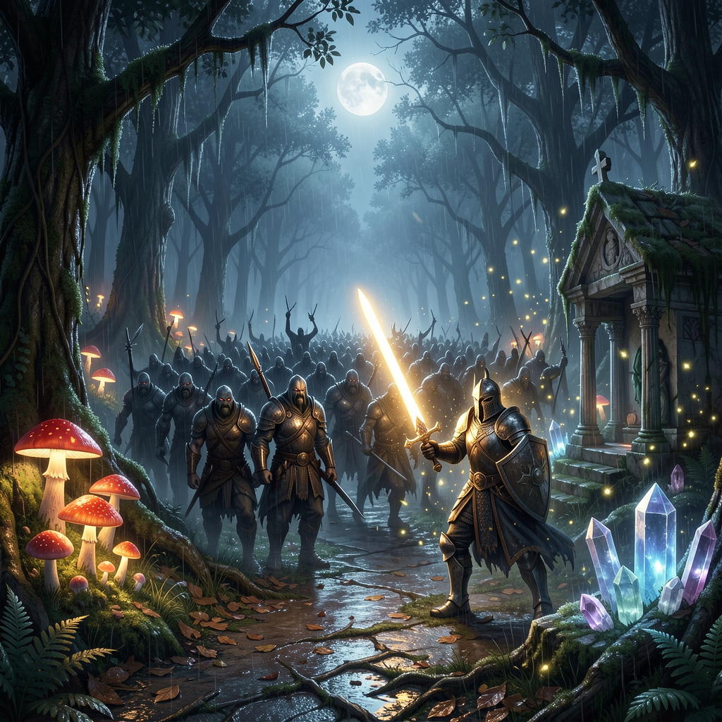 Lone armored knight with glowing enchanted sword faces an advancing warrior army in a misty moonlit rainy enchanted forest.