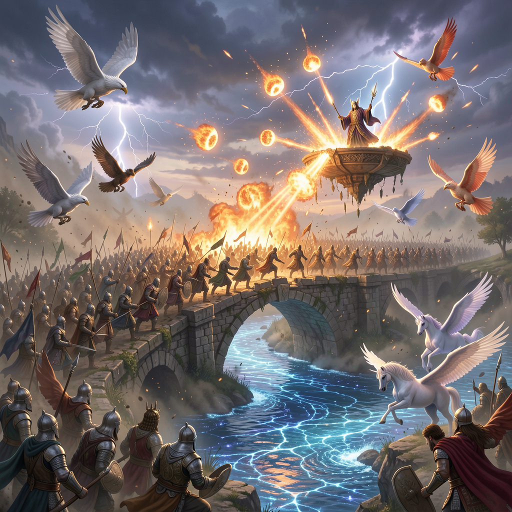 Epic fantasy battle scene with a robed sorcerer on a floating platform attacking armies crossing a stone bridge over a glo...