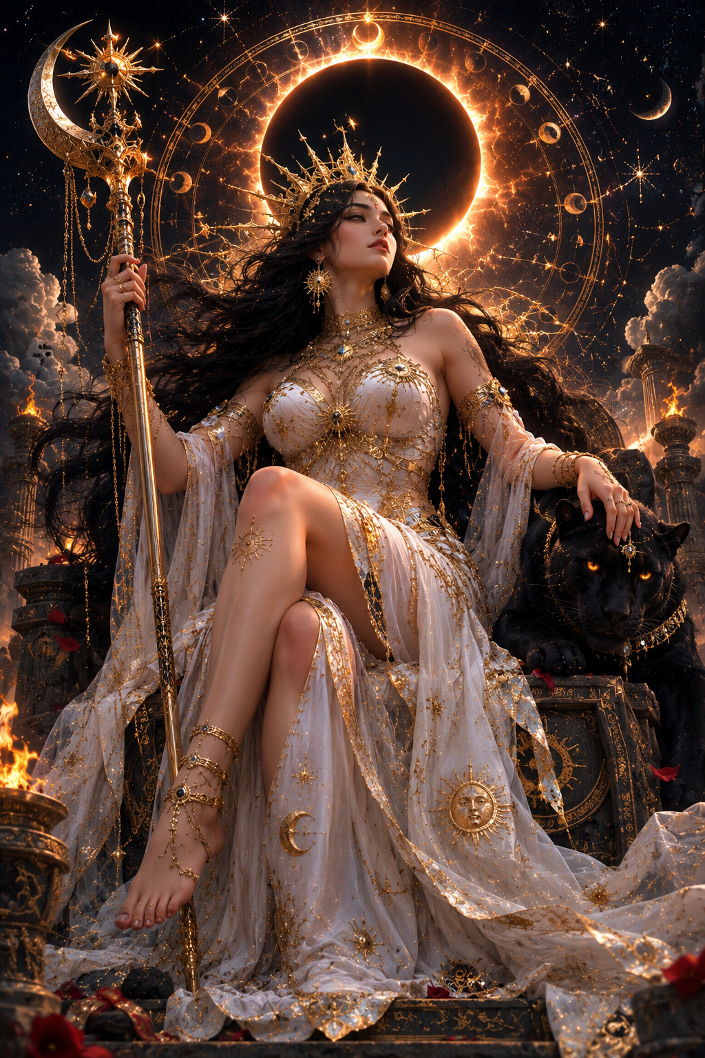 [Regal celestial goddess with golden crown holds a crescent staff, seated beside a black panther with a glowing solar ecli...