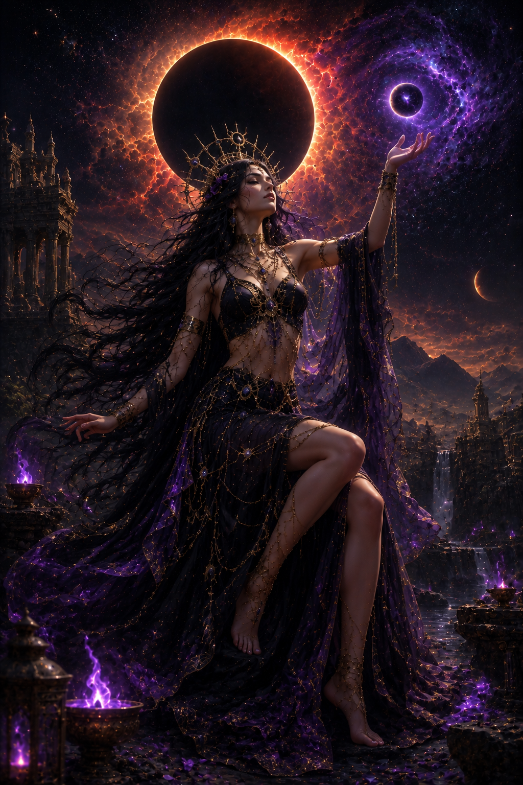 [Dark fantasy celestial sorceress reaches for a glowing purple nebula beneath a fiery total solar eclipse in a magical got...