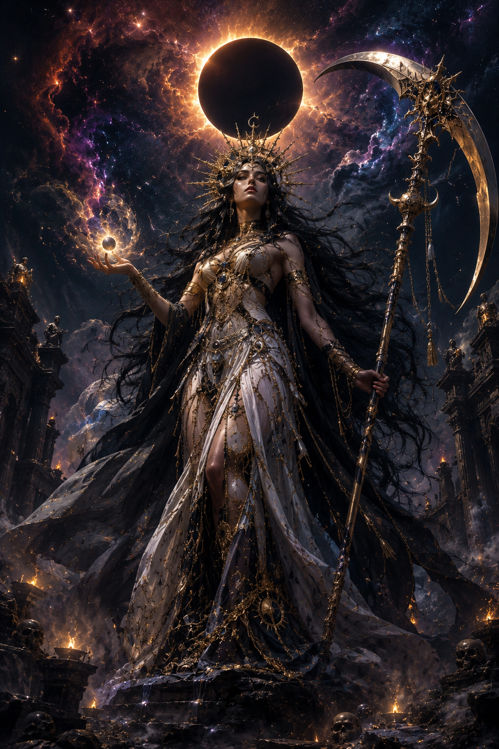 [Regal dark celestial goddess with golden crown holds a scythe and glowing orb beneath a total solar eclipse above a ruine...