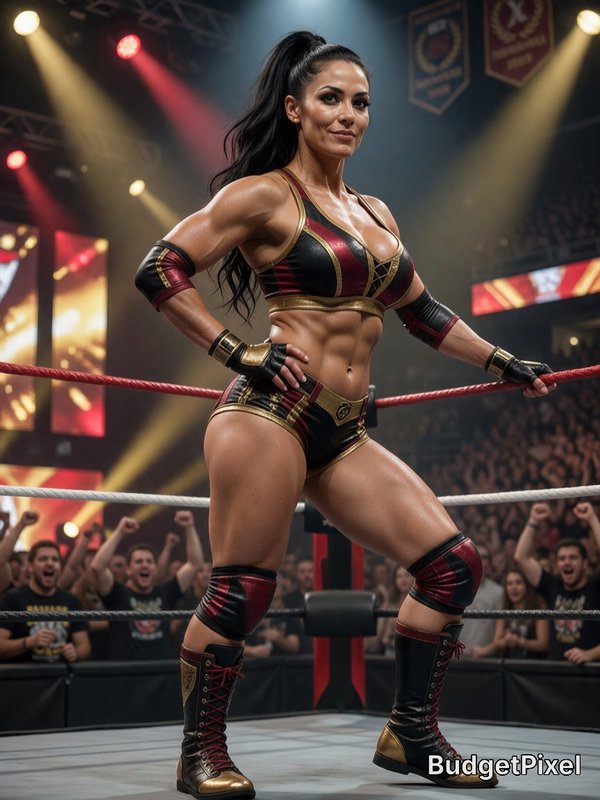 Confident muscular female professional wrestler poses in a lit wrestling ring, with a cheering ar...
