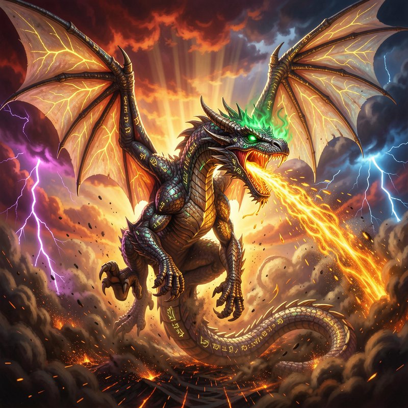 [Glowing rune-carved ancient fantasy dragon breathes golden fire amid storm clouds and multi-colored lightning]