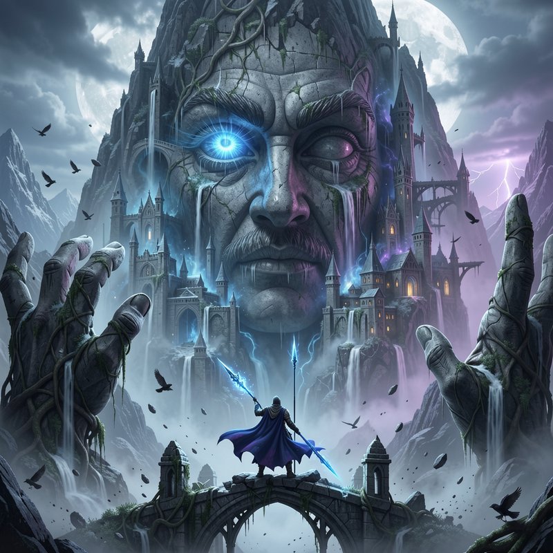 Hooded fantasy warrior on a stone bridge faces a giant stone mountain god with built-in castles, ...