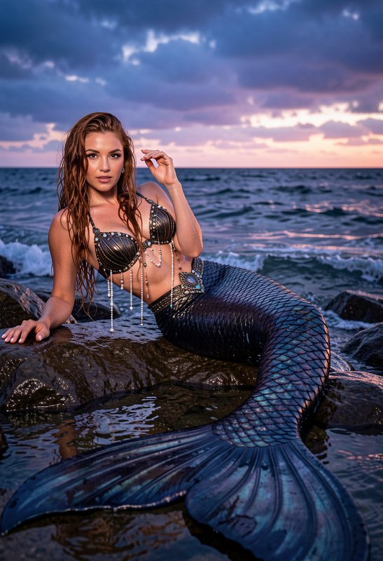 Mermaid cosplayer with dark iridescent tail reclines on wet ocean rocks under a dramatic cloudy s...