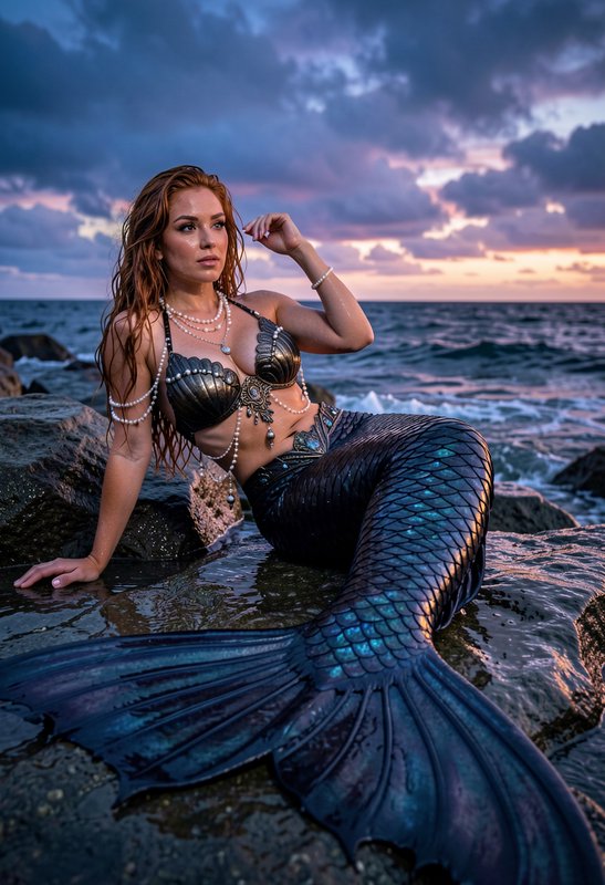 Red-haired mermaid cosplayer rests on wet shore rocks under a dramatic stormy sunset over the ocean.