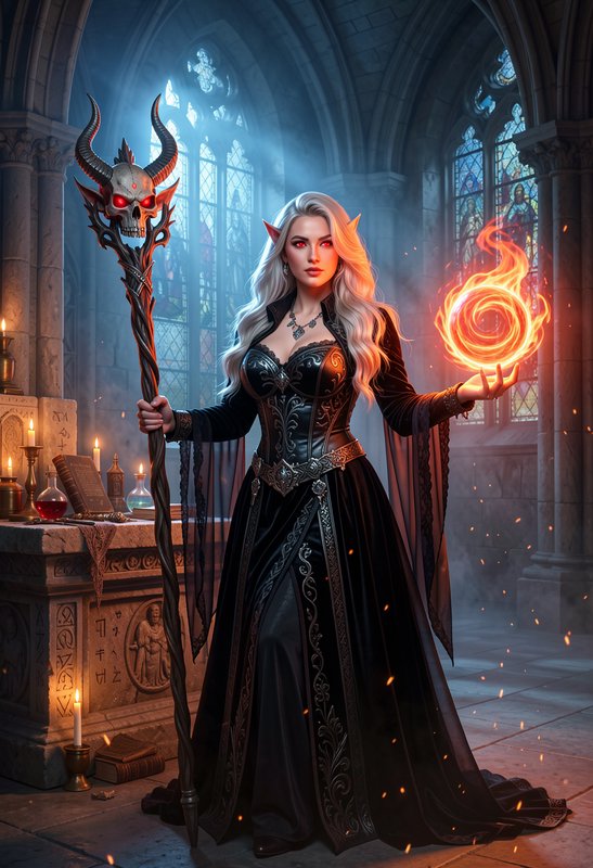 Platinum haired elf sorceress holds a horned skull staff and conjures a glowing fire orb in a got...