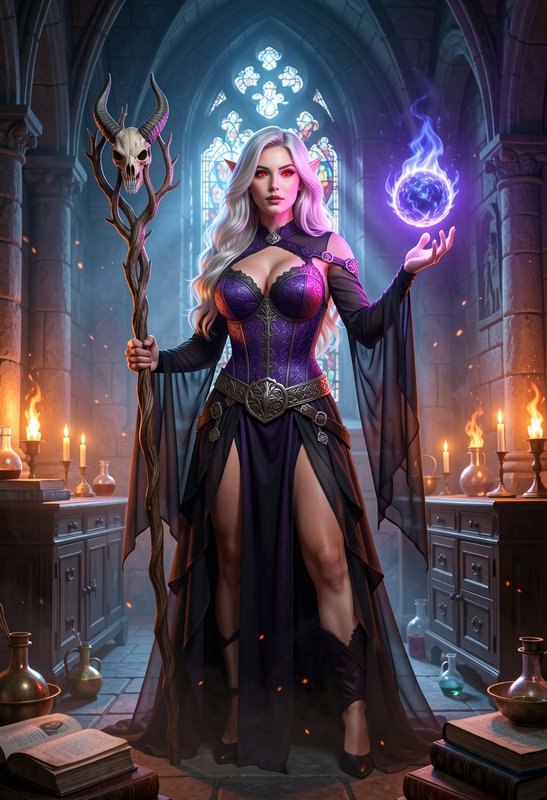Elven sorceress holds a skull-topped staff, conjuring a glowing purple magic orb in a gothic cast...
