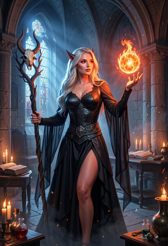 Platinum blonde tiefling sorceress holds a horned staff while conjuring a fire orb in a gothic wi...