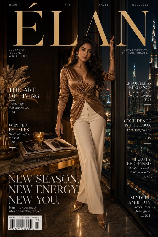 ÉLAN Winter 2025 luxury magazine cover featuring an elegant woman in gold attire overlooking a gl...