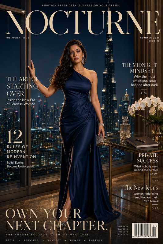 NOCTURNE luxury magazine cover featuring elegant woman in navy gown overlooking glowing night Dub...