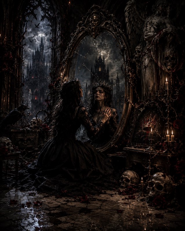 Melancholic gothic queen in black gown touches a cracked ornate mirror reflecting a dark castle i...