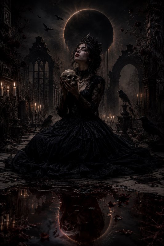 Gothic queen in a black lace gown holds a skull, seated under a glowing solar eclipse in candleli...