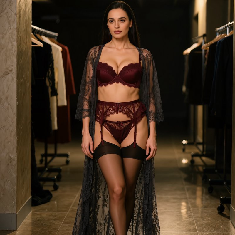 Poised model in burgundy lace lingerie and sheer black lace robe stands in a dim luxury boutique ...
