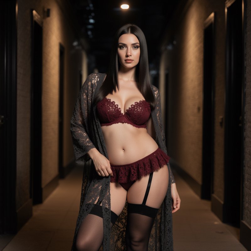 Poised woman in burgundy lace lingerie and sheer lace robe standing in a warm dimly lit residenti...