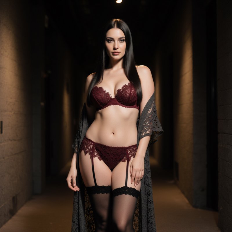 Poised woman in burgundy lace lingerie and lace robe stands in a dim warm-lit hallway looking dir...