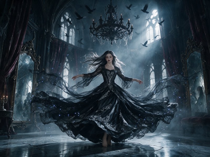 Gothic woman in swirling black lace gown dances barefoot in a misty abandoned castle ballroom as ...