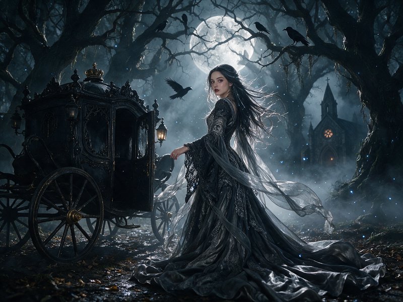 Gothic fantasy woman in flowing black gown stands beside an ornate carriage in a misty full moon ...