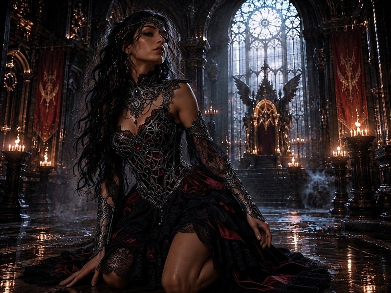 Gothic dark fantasy queen kneels on wet reflective stone in an ornate candlelit medieval throne r...