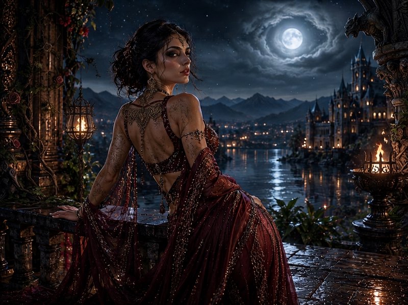 Regal fantasy woman in beaded burgundy gown stands on a moonlit terrace overlooking a glowing lak...