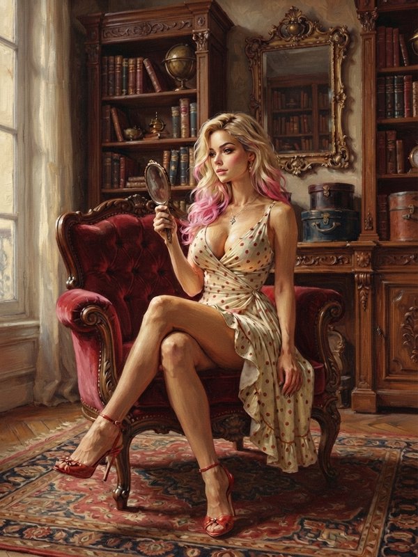 Oil portrait of a blonde woman with pink hair streaks holding a hand mirror, seated in an ornate ...