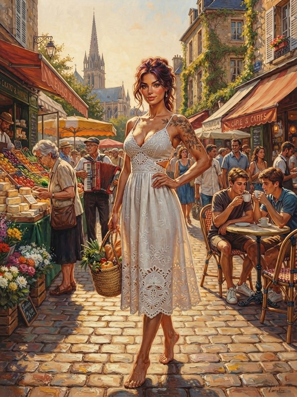 Impressionist painting of a tattooed woman in a lace dress holding a market basket on a sunny Par...