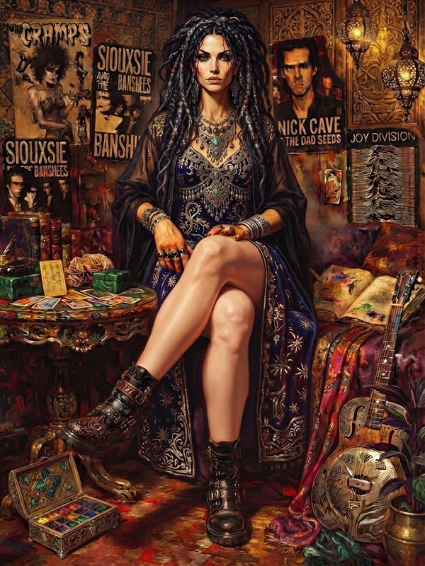 Gothic boho fortune teller with beaded dreadlocks sits in a vintage parlor lined with post-punk p...