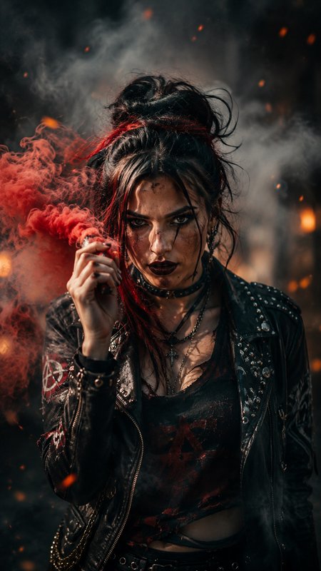 Intense gothic punk woman holding a billowing red smoke flare, in a studded leather jacket agains...