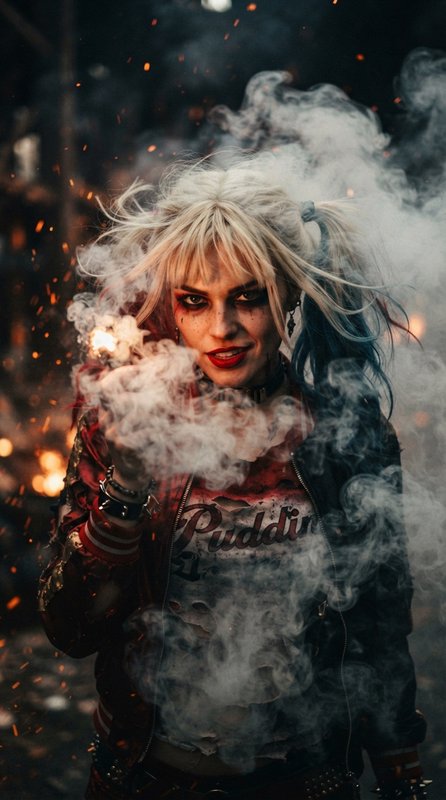 Harley Quinn cosplayer holds a smoking lit sparkler, surrounded by drifting smoke and floating gl...