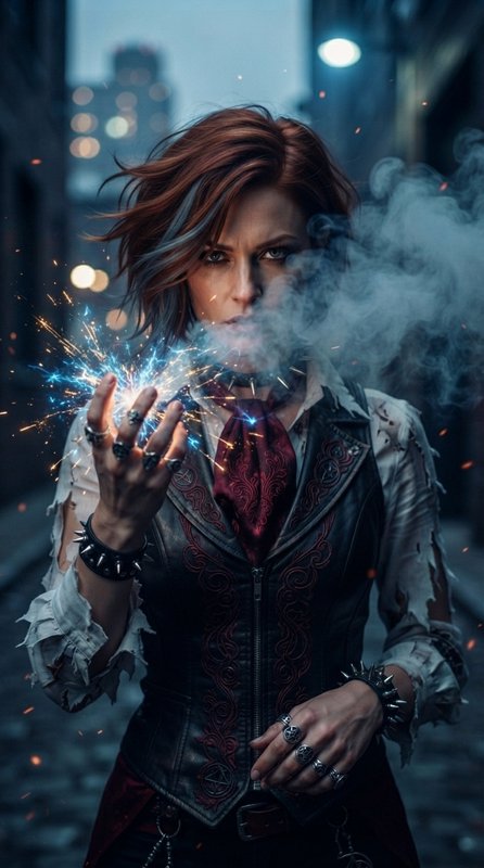 Fierce red-haired female spellcaster conjures electric spark magic while standing in a misty twil...