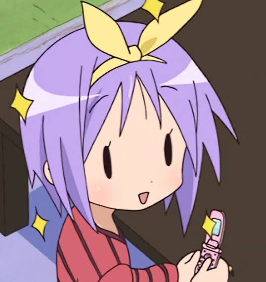 Lucky Star's Tsukasa Hiiragi, an anime girl with purple hair, looks excited holding a pink flip p...