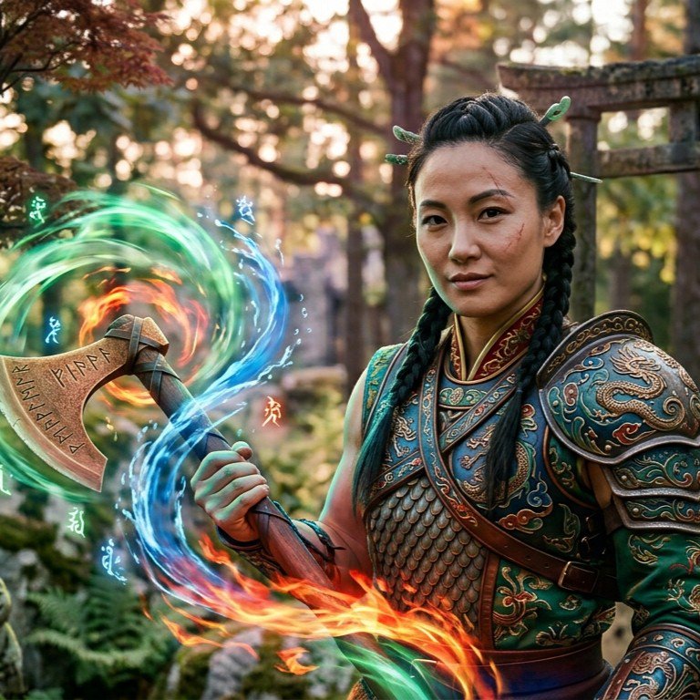 East Asian fantasy warrior in ornate dragon armor wields a rune-carved axe emitting swirling elem...