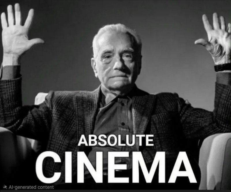 Monochrome Martin Scorsese reaction meme with raised hands, bold "ABSOLUTE CINEMA" text overlay.