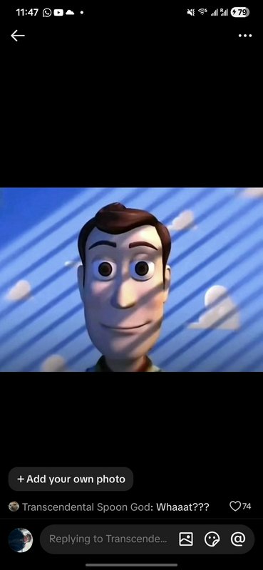 Glitch-edited uncanny Woody from Toy Story with diagonal stripe distortion, shown in a mobile soc...