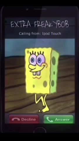 Incoming smartphone call screen displaying uncanny "Extra Freakybob" distorted Spongebob calling ...