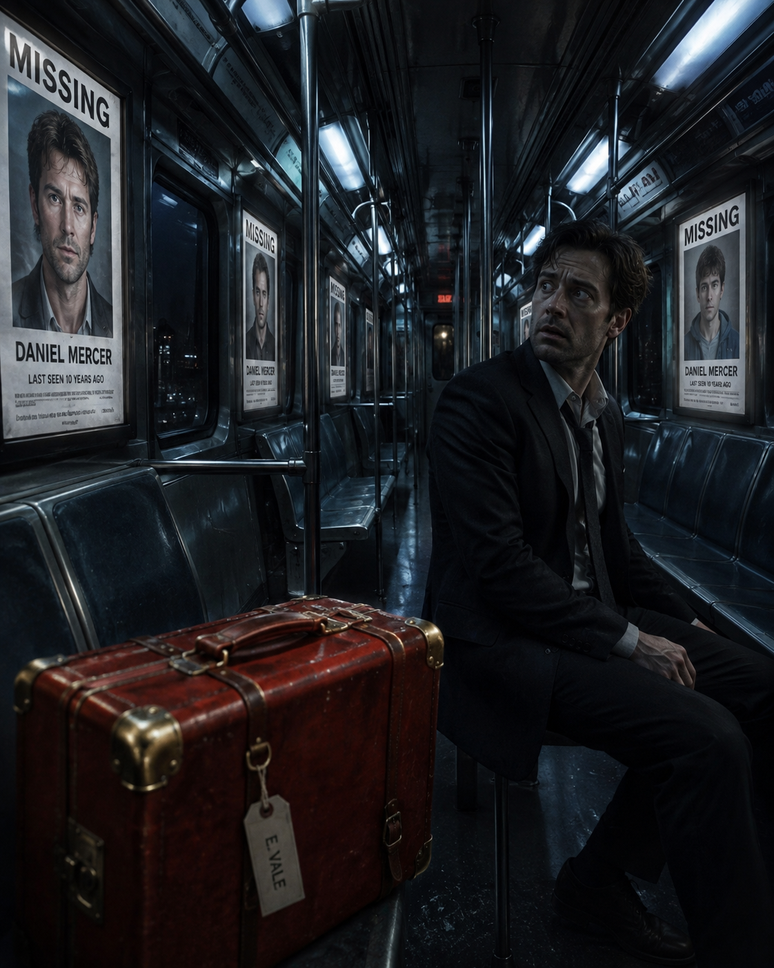 Anxious man sits alone in a dim empty subway car, identical missing person posters line the walls next to a vintage red su...