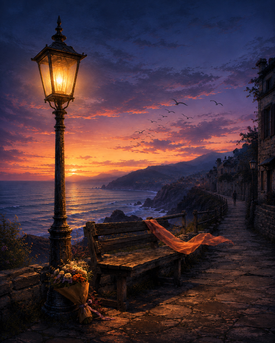 Lit vintage street lamp beside a cliffside bench overlooking a vibrant orange and purple coastal sunset over the ocean.