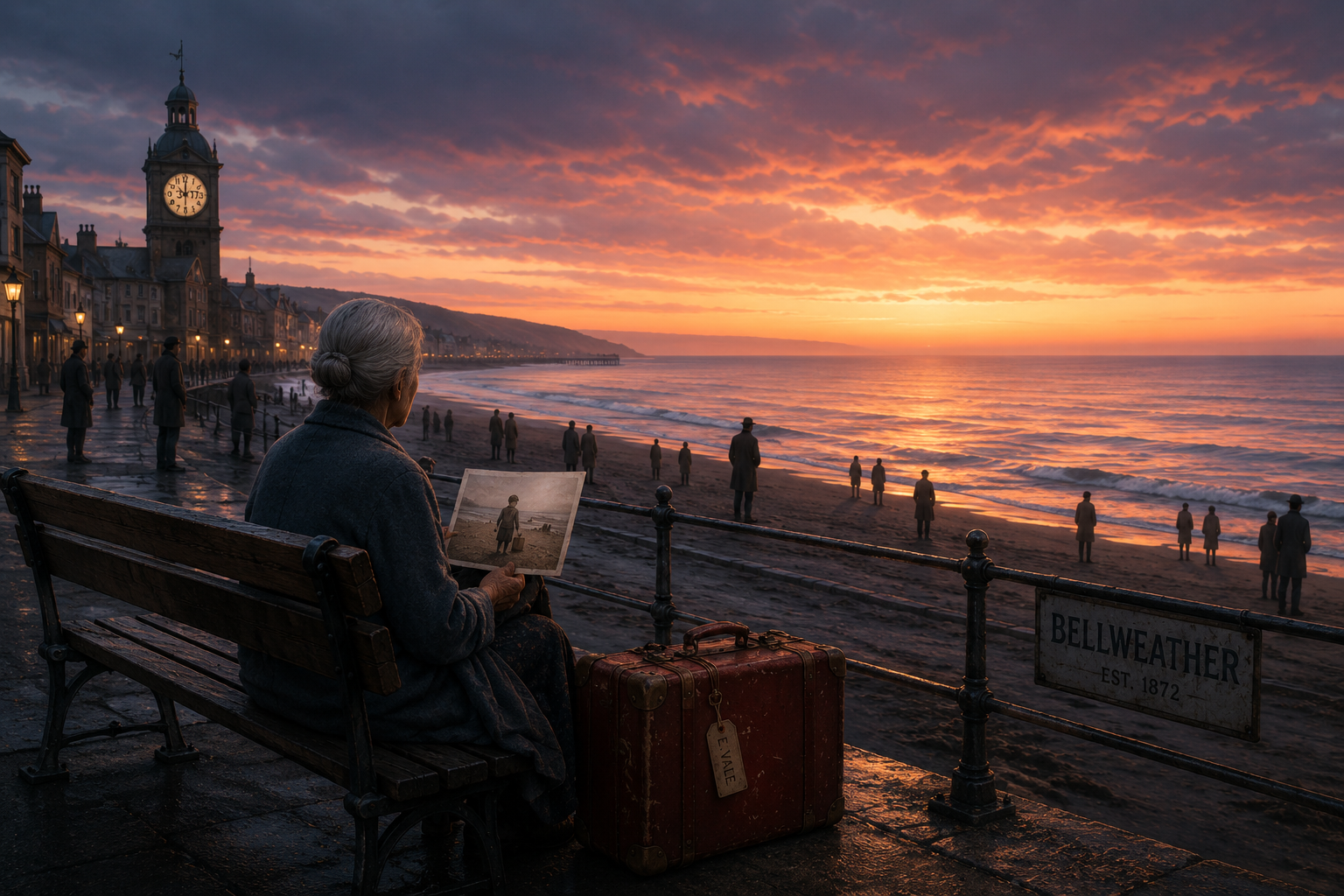 Elderly woman sits on a seaside promenade bench at sunset holding an old photograph, with a vintage suitcase beside her ov...