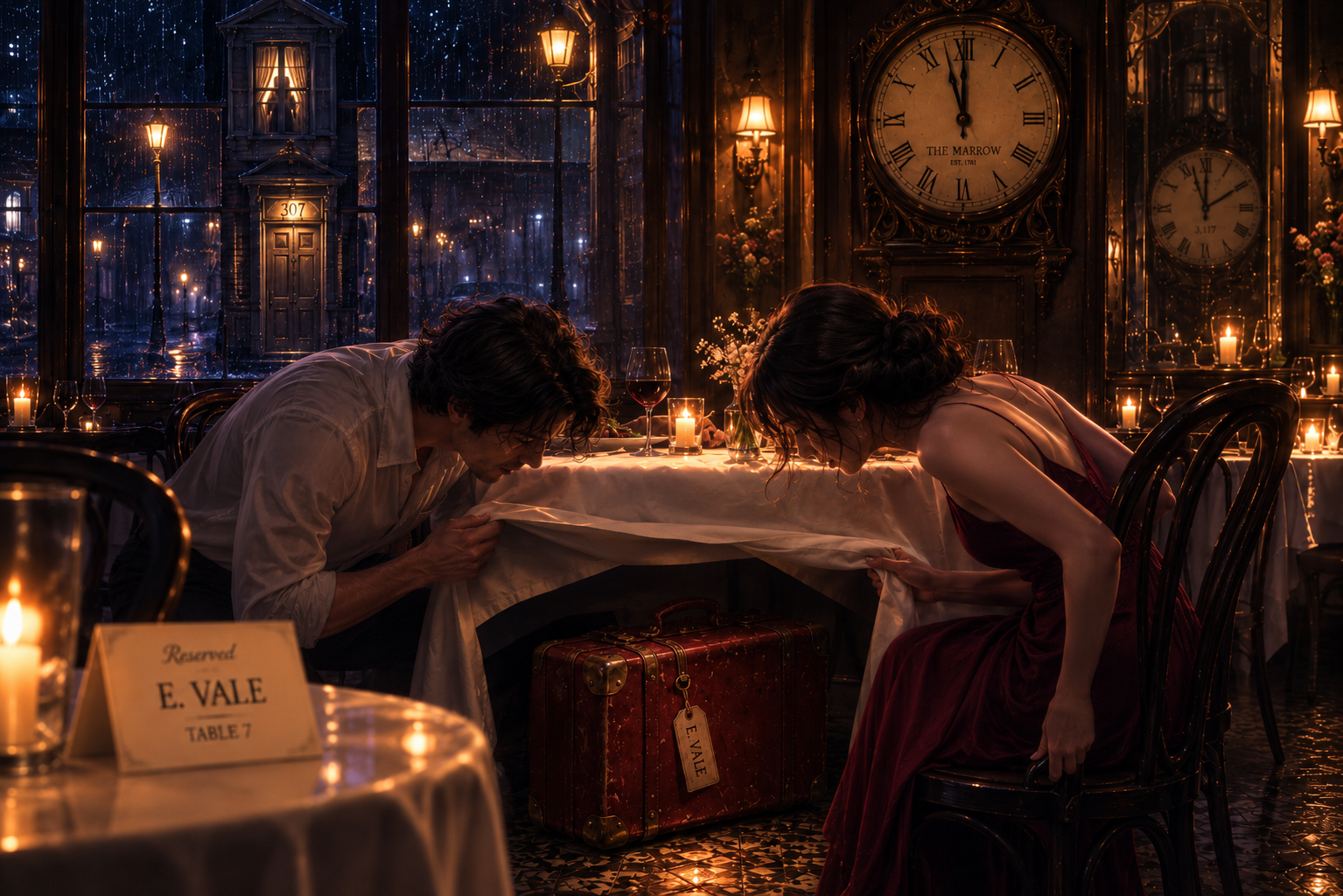 A man and woman lean over a candlelit restaurant table peeking at a vintage red suitcase hidden underneath during rainy ev...