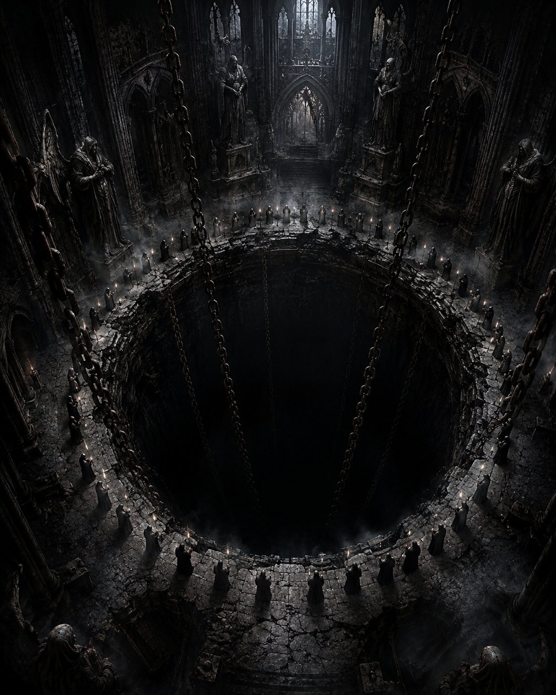 High angle shot of hooded cultists holding candles circling a massive abyss inside a dark gothic cathedral