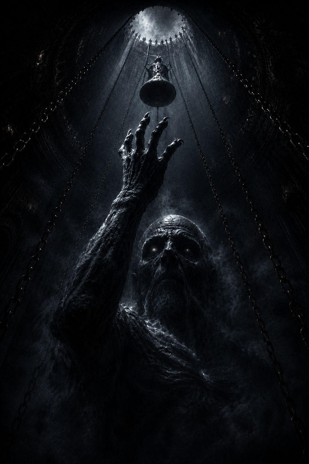 Emaciated lich-like undead creature reaches upward toward a chained hanging bell inside a misty dark gothic tower