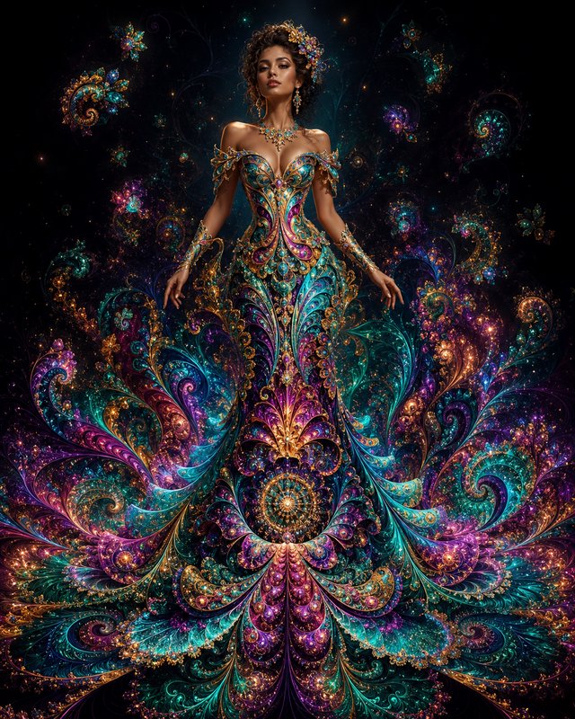Elegant fantasy woman wears an ornate swirling peacock-inspired jewel gown against a dark starry ...