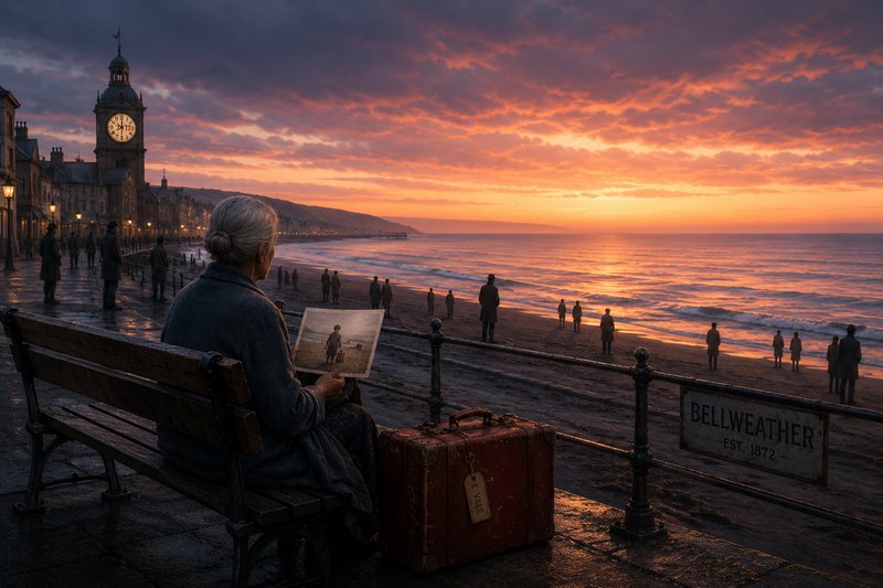 Elderly woman sits on a seaside promenade bench at sunset holding an old photograph, with a vinta...