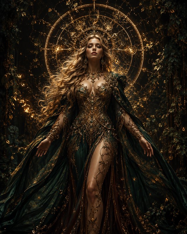 Blonde fantasy goddess in ornate emerald and gold gown stands before a glowing golden celestial h...