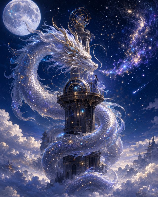 Luminous celestial eastern dragon coiled around a star observatory tower, robed figure on balcony...