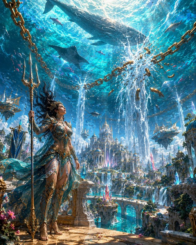 Regal armored sea queen holding a golden trident overlooks a magical underwater Atlantis city wit...